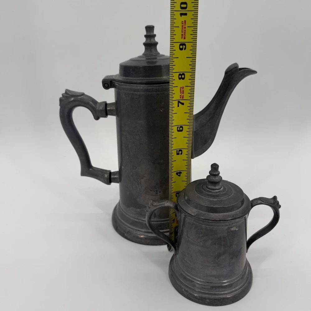Leonard Duratale Pewter Coffee Pot and Lidded Sugar Bowl Set Vintage Silver Tone